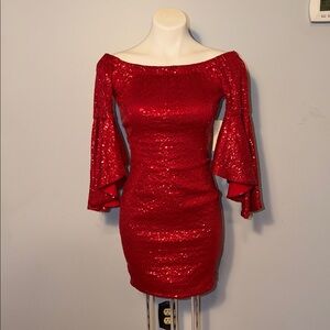 Boston Proper ladies NWT red sequin off shoulder Dress with bell sleeves. Size 2